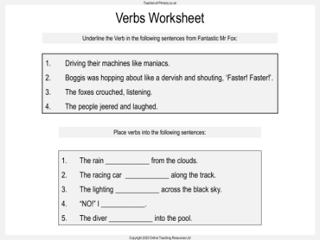 Fantastic Mr Fox - Lesson 5 - Verbs Worksheet