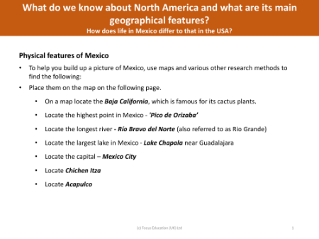 Physical features of Mexico - Info sheet