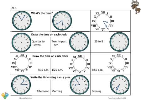 Read, write and convert time between analogue and digital 12- and 24- hour clocks, using a.m. and p.m. where necessary [M4]
