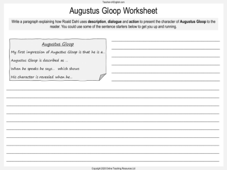 Charlie and the Chocolate Factory - Lesson 8: Loompaland - Augustus Gloop Worksheet