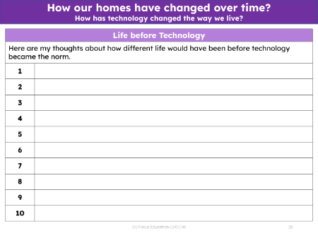 Life before technology - Worksheet