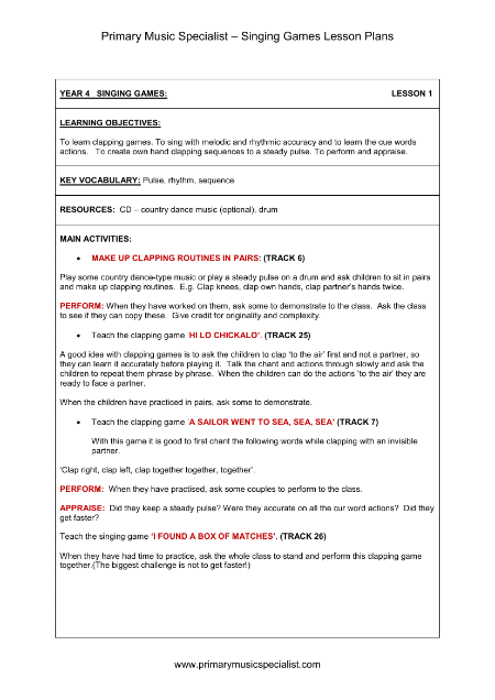 Singing Games Lesson Plan - Year 4 Lesson 1