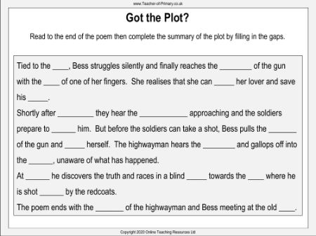 The Highwayman - Lesson 15 - Got the Plot Worksheet