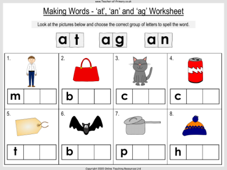 Making Words - 'at', 'an' and 'ag' - Worksheet