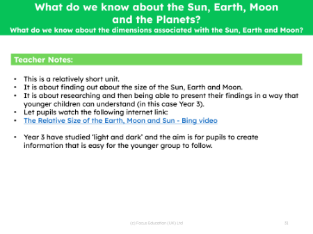 What do we know about the dimensions associated with the Sun, Earth and Moon? - Teacher notes