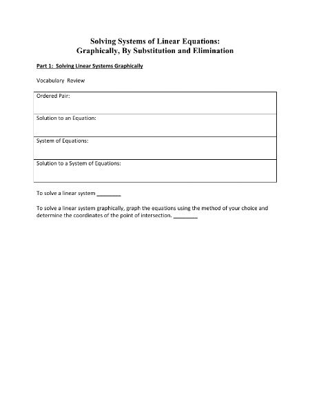 Solving Linear Systems by Graphing, Substitution and Elimination Worksheet