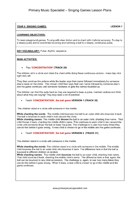 Singing Games Lesson Plan - Year 6 Lesson 1