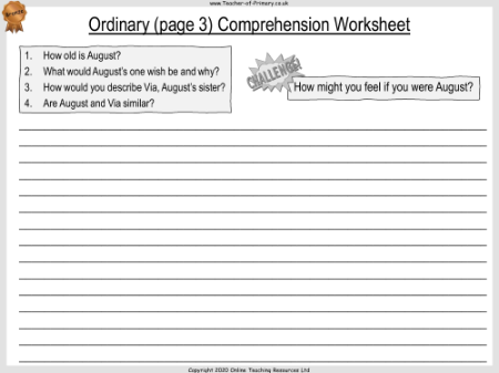 Wonder Lesson 3: Ordinary - Comprehension Worksheet