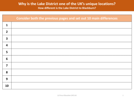 10 main difference in Blackburn and Lake District - Worksheet - Year 3