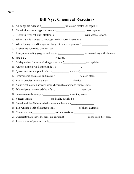 Bill Nye - Chemical Reactions Worksheet with Answers