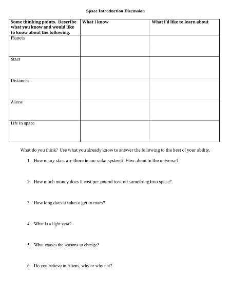 Space Introduction - Discussion Worksheet