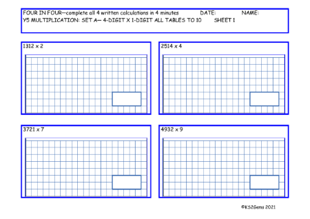 Multiplication Set A 4 digit number x 1 digit number all tables to 10