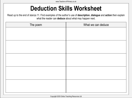 The Highwayman - Lesson 8 - Dedication Skills Worksheet