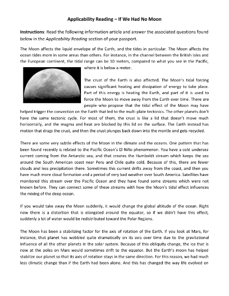 The Moon and its Phases - Applicability Reading
