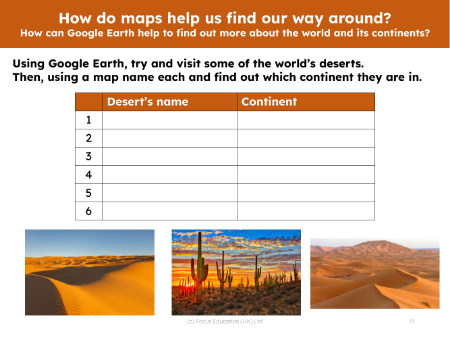 Deserts and the continents they are in - Worksheet