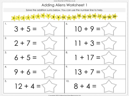 Adding Aliens - Adding Numbers to 20 - Worksheet