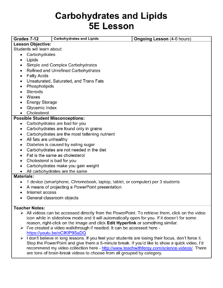 Carbohydrates and Lipids - Teaching Timeline