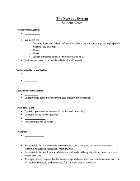 The Nervous System - Student Lesson Outline