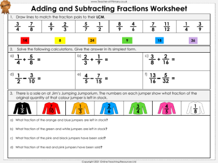 Adding and Subtracting Fractions - Worksheet