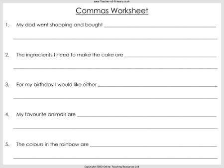 Commas for Lists - Worksheet
