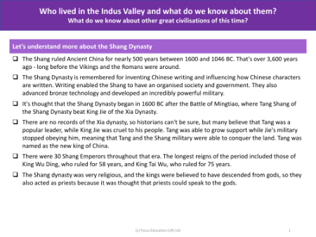 Lets understand more about the Shang Dynasty - Indus Valley - Year 4