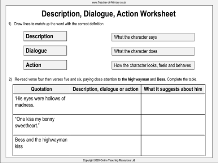 The Highwayman - Lesson 3 - Description Dialogue Action Worksheet