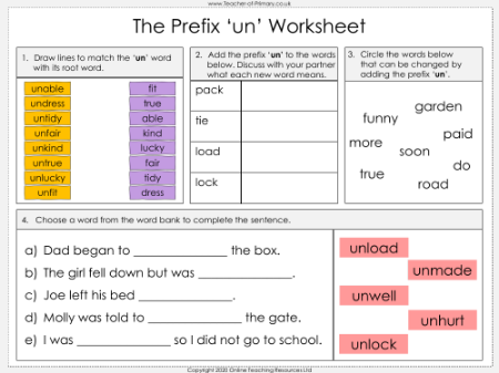 The Prefix 'un' - Worksheet