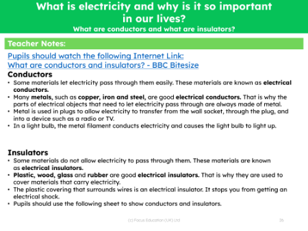 What are conductors and what are insulators? - Teacher notes