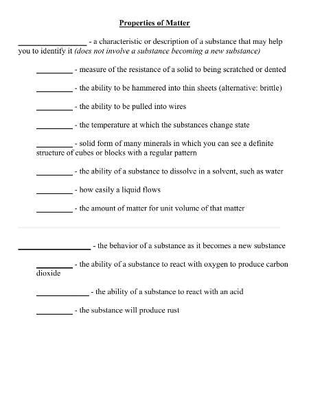 Properties of Matter Handout Worksheet