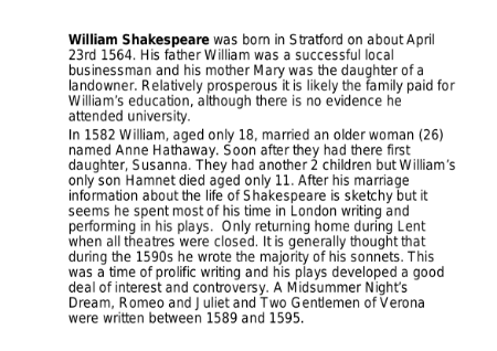 Searching for Shakespeare - Lesson 1 - Shakespeare Biography Worksheet