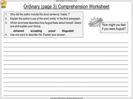 Wonder Lesson 3: Ordinary - Comprehension Worksheet 3