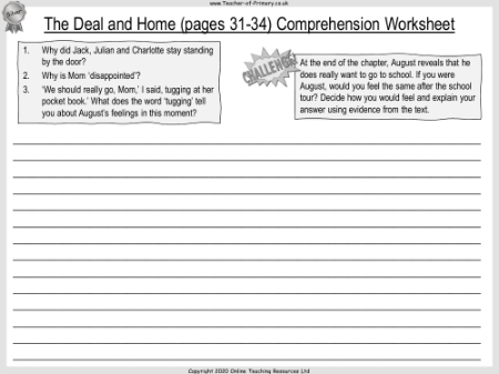 Wonder Lesson 11: The Deal and Home - Comprehension Worksheet 2