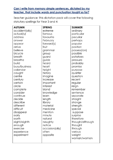 Year 3 and Year 4 Autumn Term Spellings Dictation - Worksheet