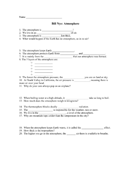 Bill Nye - Atmosphere Worksheet with Answers