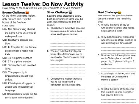 The Curious Incident of the Dog in the Night-time - Lesson 12 - Worksheet