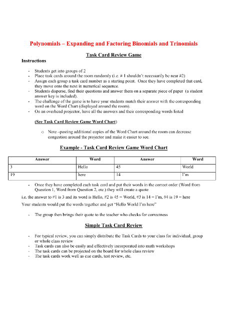 Polynomials - Expanding and Factoring Binomials and Trinomials - Tasks Card Activity