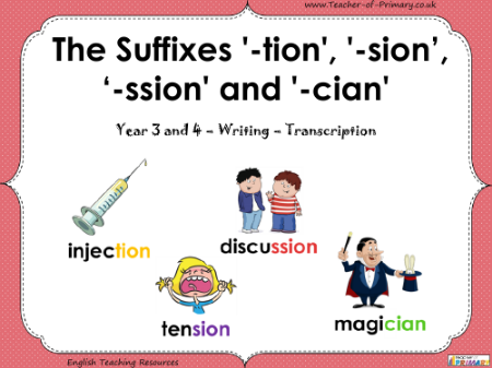 The Suffixes '-tion', '-sion', '-ssion' and '-cian' - PowerPoint