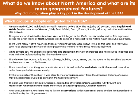Which groups of people emigrated to the USA? - Info sheet