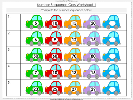 Number Sequence Cars - Worksheet