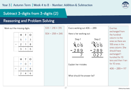 Subtract a 3-digit number from a 3-digit number â€” exchange: Reasoning and Problem Solving