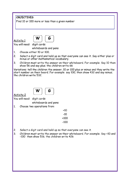 Find 10 or 100 more or less worksheet