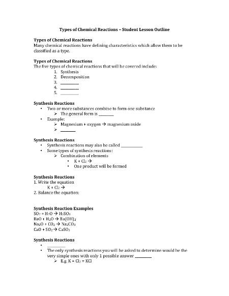 Types of Chemical Reactions - Student Lesson Outline