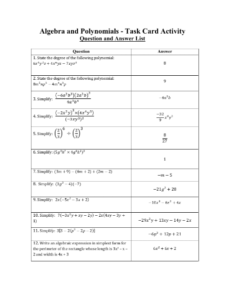 Algebra and Polynomials - Task Card Activity Answers