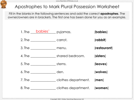 Apostrophes to Mark Plural Possession - Worksheet