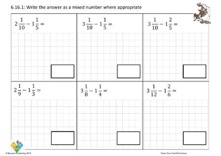 Subtract mixed from mixed numbers denominators multiples (across whole)