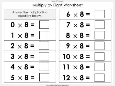 Multiply by Eight - Worksheet
