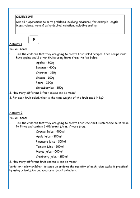 Using all four operations to solve measure problems worksheet