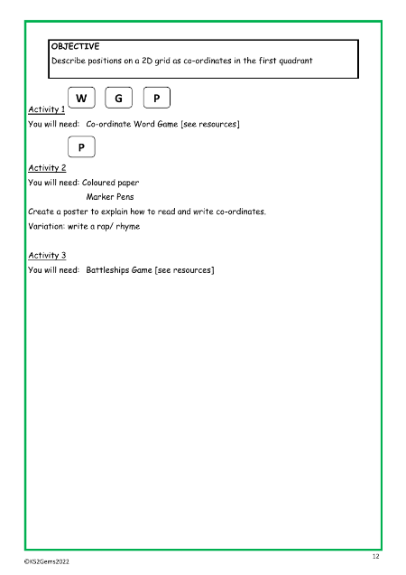Positions as co-ordinates worksheet