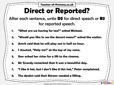 Direct and Reported Speech - Worksheet