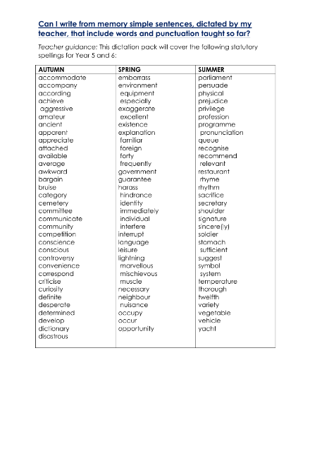 4th Grade and 5th Grade Autumn Term Spellings Dictation - Worksheet